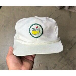 Vintage The Masters Adjustable Leather Strap Back Rope Hat White Cap Golf USA